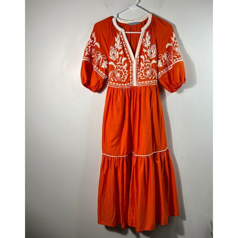 Antonio Melani Embroidered Tiered Lined Midi Dress Orange White Cotton S V Neck